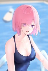 Rule 34 | 1girl, :d, bare arms, blue one-piece swimsuit, blurry, blurry background, breasts, cleavage, collarbone, eyes visible through hair, fate/grand order, fate (series), hair over one eye, highres, mash kyrielight, medium breasts, medium hair, one-piece swimsuit, open mouth, pink hair, purple eyes, school swimsuit, smile, solo, straight hair, swimsuit, upper body, viewran, wet, wet hair