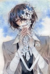 Rule 34 | 1boy, bandaged arm, bandages, brown eyes, brown hair, bungou stray dogs, chinese commentary, coat, collared shirt, commentary request, dazai osamu (bungou stray dogs), flower, hair between eyes, highres, looking up, male focus, one eye covered, own hands together, shirt, short hair, smile, solo, trench coat, upper body, white flower, white shirt, ziyi zhengjun