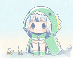 Rule 34 | !, 1girl, :3, animal, blue eyes, blue hair, blunt bangs, blush stickers, chibi, commentary, dinosaur costume, fins, fish tail, gawr gura, hands on own knees, highres, hololive, hololive english, hood, hood up, multicolored hair, rain, raincoat, same anko, shark tail, shrimp, smile, smol gura, snail, solo, squatting, streaked hair, symbol-only commentary, tail, two-tone hair, virtual youtuber, white hair
