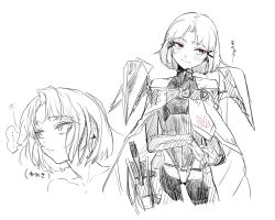 Rule 34 | 1girl, armor, armored leotard, breastplate, cape, closed mouth, drake (nikke), goddess of victory: nikke, greyscale, hair ornament, hairclip, highres, leotard, looking to the side, monochrome, multiple views, nikumanman, red eyes, short hair, shoulder armor, sketch, smile, spot color, white background