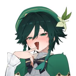 Rule 34 | 1boy, beret, black bow, black hair, blush, bow, braid, finger to mouth, flasso, flower, genshin impact, gradient hair, green eyes, green hair, hair between eyes, hat, hat flower, long sleeves, male focus, multicolored hair, naughty face, open mouth, saliva, simple background, solo, sweat, trap, twin braids, upper body, venti (genshin impact), white background