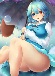 Rule 34 | 1girl, absurdres, ass, blue eyes, blue hair, blue skirt, blue vest, blurry, blurry background, bottomless, breasts, bubble, commentary request, cross-laced clothes, heterochromia, highres, holding, holding umbrella, juliet sleeves, karakasa obake, large breasts, long sleeves, looking at viewer, no panties, paid reward available, poke200, puffy sleeves, purple umbrella, red eyes, shirt, short hair, skirt, solo, tatara kogasa, thighs, tongue, tongue out, touhou, umbrella, variant set, vest, white shirt