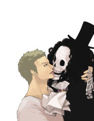 Rule 34 | 2boys, afro, brook (one piece), hat, highres, kiss, male focus, multiple boys, one piece, otaki55, roronoa zoro, simple background, skeleton, skull, tongue, what, yaoi