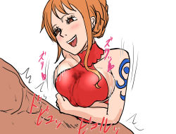 Rule 34 | 1boy, 1girl, bare shoulders, blush, breasts, breasts squeezed together, brown eyes, cum, cum in clothes, dress, highres, iwao178, large breasts, long hair, looking at another, lying, motion lines, nami (one piece), one piece, open mouth, orange hair, paizuri, paizuri under clothes, red dress, shoulder tattoo, sidelocks, sleeveless, smile, solo focus, sound effects, tattoo, teeth, upper body, upper teeth only