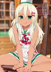 Rule 34 | 1girl, bare legs, barefoot, blonde hair, bow, chair, closed mouth, collarbone, dress, grecale (kancolle), green eyes, hair between eyes, hair bow, highres, kantai collection, kusaka souji, long hair, neckerchief, paid reward available, pink bow, sailor collar, sailor dress, sleeveless, sleeveless dress, smile, solo, speech bubble, toes, tongue, tongue out, translation request, white dress, white sailor collar