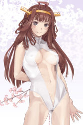 Rule 34 | 10s, 1girl, ahoge, breasts, brown hair, cherry blossoms, cloritin, colored eyelashes, double bun, front zipper swimsuit, hair bun, hairband, headgear, highleg, highres, kantai collection, kongou (kancolle), long hair, meme attire, navel, one-piece swimsuit, smile, solo, star-shaped pupils, star (symbol), swimsuit, symbol-shaped pupils