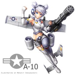 Rule 34 | 1girl, a-10 thunderbolt ii, aircraft, airplane, artist name, autocannon, blue eyes, breasts, cannon, detached sleeves, earmuffs, engine, english text, epaulettes, gatling gun, gau-8 avenger, leaning, looking at viewer, mecha musume, medium breasts, midriff, multiple-barrel firearm, navel, non-web source, original, personification, rotary cannon, shark print, shirt, short hair, short twintails, shorts, simple background, single thighhigh, sleeveless, sleeveless shirt, smile, solo, star (symbol), starbownext, thighhighs, tsurime, twintails, watermark, white background, white hair, wings