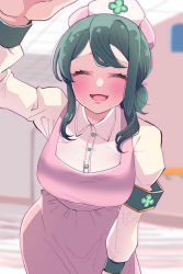Rule 34 | 1girl, :d, armband, blurry, blurry background, blush, breasts, character request, closed eyes, clover print, green hair, hat, highres, indoors, large breasts, leaning forward, long hair, long sleeves, nurse cap, open mouth, smile, sunao na kapipara, virtual youtuber