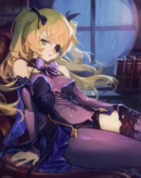 Rule 34 | 1girl, asymmetrical clothes, bare shoulders, black dress, blonde hair, breasts, dress, eyepatch, fischl (genshin impact), genshin impact, gloves, long hair, long sleeves, looking at viewer, optionaltypo, pantyhose, ribbon, single leg pantyhose, single thighhigh, sitting, solo, thighhighs, twintails, window