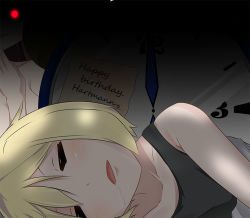 Rule 34 | 2girls, alarm clock, birthday, black okojo, blonde hair, brown hair, clock, drooling, english text, erica hartmann, evil smile, gertrud barkhorn, glowing, glowing eyes, multiple girls, red eyes, short hair, sleeping, smile, strike witches, tank top, under covers, world witches series, you gonna get raped