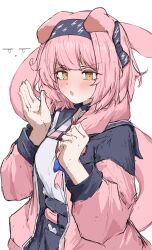 Rule 34 | 1girl, :o, absurdres, animal ears, arknights, black bow, black hairband, black jacket, blue bow, blush, bow, clenched hand, commentary, cowboy shot, eyes visible through hair, goldenglow (arknights), hair bow, hair over shoulder, hairband, hands up, highres, jacket, long hair, long sleeves, open clothes, open jacket, open mouth, pink hair, pink jacket, pink tail, shirt, simple background, sketch, solo, split mouth, standing, tail, tail raised, tobildesu, white background, white shirt, yellow eyes