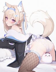 Rule 34 | 1girl, all fours, animal ear fluff, animal ears, ass, bandaid, bandaid hair ornament, bed sheet, black jacket, blonde hair, blue hair, blue hairband, blush, brown thighhighs, crossed bangs, dog ears, dog girl, dog tail, ear blush, fake horns, fishnet thighhighs, fishnets, fur-trimmed jacket, fur trim, fuwawa abyssgard, fuwawa abyssgard (1st costume), hair ornament, hairband, hairclip, highres, hololive, hololive english, horns, jacket, koahri, lace, lace-trimmed panties, lace trim, long hair, long sleeves, looking at viewer, multicolored hair, off shoulder, paid reward available, panties, parted lips, perroccino (fuwamoco), pillow, pink eyes, sidelocks, simple background, solo, streaked hair, tail, tail raised, thighhighs, two side up, underwear, virtual youtuber, white background, white panties