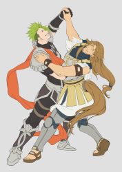 Rule 34 | 2boys, achilles (fate), armor, brown hair, chiron (fate), dancing, fate/apocrypha, fate (series), flat color, greaves, green hair, grey background, holding hands, highres, horse tail, long hair, low-tied long hair, male focus, manly, multiple boys, no-kan, orange scarf, pants, sandals, scarf, simple background, skirt, tail, undercut