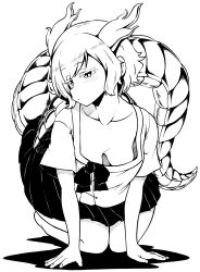 Rule 34 | 1girl, absurdres, all fours, breasts, closed mouth, downblouse, dragon girl, dragon horns, dragon tail, full body, hanging breasts, highres, himajin noizu, horns, kicchou yachie, looking to the side, medium breasts, monochrome, no bra, seiza, shirt, short hair, short sleeves, sitting, skirt, solo, tail, touhou, turtle shell