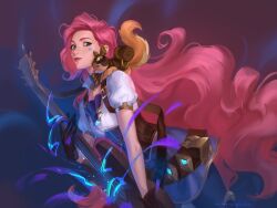 Rule 34 | 1girl, absurdres, aina (mayexplode), animal, animal on shoulder, artist name, belt, black gloves, breasts, brown belt, corset, cowboy shot, from side, gloves, goggles, goggles on head, guitar, highres, holding, holding instrument, instrument, league of legends, long hair, multicolored background, pink hair, puffy short sleeves, puffy sleeves, seraphine (league of legends), shirt, short sleeves, small breasts, smile, solo, squirrel, star tattoo, tattoo, very long hair, white shirt
