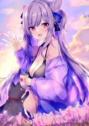Rule 34 | 1girl, :d, animal collar, artist name, bare shoulders, bikini, black bikini, blurry, blurry foreground, braid, breasts, cat, cleavage, cloud, cloudy sky, coffee mug, collar, cup, evening, flower, from side, genshin impact, hair buns, hair ears, hand up, holding, holding cup, jacket, karappo (poket12), keqing (genshin impact), knees up, large breasts, light blush, long hair, long sleeves, looking at viewer, looking to the side, mug, off-shoulder jacket, off shoulder, open mouth, outdoors, pink eyes, purple hair, purple jacket, sidelocks, sitting, sky, smile, solo, sparkle, swept bangs, swimsuit, twintails, waving