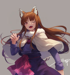 Rule 34 | 1girl, ;d, animal ears, bow, brown hair, capelet, commentary request, fangs, fur-trimmed capelet, fur trim, grey background, highres, holo, long hair, long sleeves, looking at viewer, nail polish, one eye closed, open mouth, pink nails, purple shirt, purple skirt, red bow, red eyes, shirt, signature, simple background, skirt, smile, solo, spice and wolf, ttnap, very long hair, white capelet, wolf ears