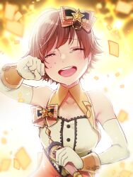 Rule 34 | 1girl, ^ ^, backlighting, blush, brown hair, cleavage cutout, closed eyes, clothing cutout, collarbone, commentary request, confetti, gloves, hajimetakauma, holding, holding microphone, honda mio, idolmaster, idolmaster cinderella girls, microphone, partial commentary, short hair, sleeveless, smile, solo, stage of magic (idolmaster), teardrop, tears, teeth, upper body, upper teeth only, white gloves