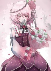 Rule 34 | 1girl, absurdres, black bow, bouquet, bow, clothing cutout, covered mouth, dress, flower, hair flower, hair ornament, highres, holding, holding bouquet, holding flower, medium hair, namishiron, nijisanji, nijisanji en, plant, red dress, red flower, red rose, rose, rosemi lovelock, rosemi lovelock (1st costume), short sidetail, shoulder cutout, solo, thorns, vines, virtual youtuber, white flower, white rose
