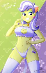 1girl absurdres animal_ears bra breasts cat_cutout cat_ears cat_lingerie character_name cleavage cleavage_cutout clothing_cutout earrings eyeshadow gluteal_fold grin hasbro highres jewelry looking_at_viewer makeup meme_attire my_little_pony my_little_pony:_equestria_girls my_little_pony:_friendship_is_magic navel neck_bell smile teasing the-butch-x thighhighs underwear upper_crust