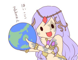 Rule 34 | 1girl, :d, aira (exp), armlet, bracelet, chibi, circle, circlet, dirt, dirty, dirty face, earth (planet), facial mark, gaia (p&amp;d), hair ornament, holding, jewelry, long hair, lots of jewelry, lowres, open mouth, planet, purple hair, puzzle &amp; dragons, simple background, smile, solid circle eyes, solo, star (symbol), translation request, white background