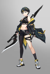 Rule 34 | 1girl, bare shoulders, belt, black belt, black hair, black jacket, black shirt, black shorts, black socks, blonde hair, breasts, chain, commentary request, crop top, dual wielding, earrings, full body, gradient background, green eyes, grey background, gun, highres, holding, holding gun, holding knife, holding lance, holding polearm, holding weapon, jacket, jewelry, knife, lance, looking at viewer, medium breasts, midriff, multicolored clothes, multicolored hair, multicolored jacket, navel, off shoulder, open clothes, open jacket, original, polearm, shirt, shoes, short hair, short shorts, shorts, simple background, single leg pantyhose, sleeveless, sleeveless shirt, sneakers, socks, solo, spear, two-sided fabric, two-sided jacket, two-tone hair, two-tone jacket, weapon, xiao mu (873971332)
