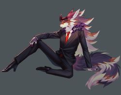 Rule 34 | 1boy, animal ears, animal nose, arm support, bael (housamo), black suit, boots, chest tuft, colored sclera, commentary request, demon horns, formal, full body, furry, furry male, glasses, grey background, high heel boots, high heels, horns, jackal boy, jackal ears, jackal tail, long hair, male focus, necktie, open mouth, purple fur, red necktie, simple background, sitting, snout, solo, sora-ya (uya kyo), suit, tokyo houkago summoners, white fur