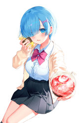 Rule 34 | 1girl, black skirt, blue eyes, blue hair, blush, bow, bowtie, breasts, brown jacket, collared shirt, commentary request, cowboy shot, cup, disposable cup, dress shirt, drink, drinking straw, eyes visible through hair, fingernails, hair ornament, hair over one eye, hands up, highres, incoming drink, jacket, kh (kh 1128), long sleeves, looking at viewer, medium breasts, open mouth, outstretched arm, re:zero kara hajimeru isekai seikatsu, red bow, red bowtie, rem (re:zero), shirt, short hair, skirt, smile, solo, white background, white shirt, x hair ornament