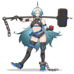 Rule 34 | 1girl, ankle cuffs, apple, asha, belt, black footwear, black gloves, black thighhighs, blue belt, blue bra, blue hair, bra, breast curtain, breasts, chain, checkered belt, closed eyes, closed mouth, commentary request, food, fruit, full body, gloves, hammer, highres, holding, holding food, holding fruit, holding hammer, horns, long hair, medium breasts, midriff, navel, open fly, original, red apple, shoes, short shorts, shorts, simple background, single horn, skin-covered horns, smile, smiley face, sneakers, solo, standing, thighhighs, underwear, very long hair, white background, zipper