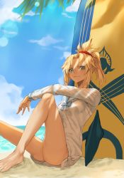 Rule 34 | barefoot, beach, blonde hair, fate/grand order, fate (series), green eyes, holding, holding behind back, mordred (fate), mordred (fate) (all), mordred (swimsuit rider) (fate), mordred (swimsuit rider) (second ascension) (fate), ponytail, prydwen (fate), sailor collar, sailor shirt, sand, shirt, side-tie shirt, sitting, smile, surfboard, white shirt, yepnean