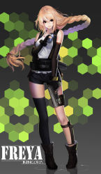 Rule 34 | 1girl, absurdly long hair, black footwear, black gloves, blush, boots, braid, breasts, brown eyes, brown hair, closed mouth, dungeon and fighter, elbow gloves, female gunner (dungeon and fighter), female spitfire (dungeon and fighter), fingerless gloves, full body, gloves, gun, highres, holding, holding gun, holding weapon, kincora, long hair, looking at viewer, medium breasts, solo, very long hair, weapon