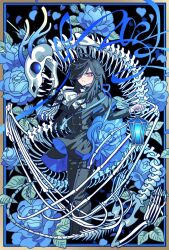 Rule 34 | 1other, 2024, ambiguous gender, animal skeleton, ascot, black capelet, black hair, black jacket, black pants, blue flower, blue horns, blue rose, border, capelet, cropped legs, feet out of frame, floral background, flower, glowing, glowing eyes, hair over one eye, highres, holding, holding lantern, horns, jacket, lantern, long hair, long sleeves, meremero, monster, original, pants, parted lips, petals, red eyes, rose, skeleton, smile, solo, standing, white ascot, yellow border