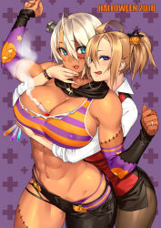Rule 34 | 2018, 23 (real xxiii), 2girls, :p, abs, ahoge, asymmetrical clothes, bare shoulders, belt, between breasts, blonde hair, blue eyes, blush, bra, breasts, cleavage, commentary, cosplay, costume, covered erect nipples, crop top, dark-skinned female, dark skin, detached sleeves, female focus, flask, frankenstein&#039;s monster (cosplay), hair ornament, halloween, halloween costume, hand on another&#039;s chin, highres, hug, hug from behind, jack-o&#039;-lantern, jack-o&#039;-lantern hair ornament, jewelry, large breasts, looking at viewer, monocle, multiple girls, navel, open mouth, original, panties, ponytail, purple background, purple eyes, purple panties, ring, sela (23), short hair, simple background, single pantsleg, skindentation, smoke, stitches, stomach, striped bra, striped clothes, tank top, toned, tongue, tongue out, underwear, ursula (23), wedding band, white hair, wife and wife, wristband, yuri
