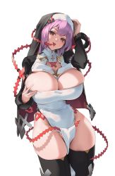 Rule 34 | 1girl, breasts, commentary, cowboy shot, habit, hand up, highres, huge breasts, long hair, looking at viewer, nun, orange eyes, original, pelvic curtain, pink hair, simple background, solo, symbol-only commentary, thighhighs, thighs, tongue, tongue out, white background, wonchun