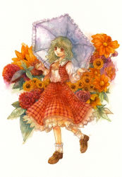 Rule 34 | ascot, brown footwear, collared shirt, flower, green hair, highres, holding, kazami yuuka, loafers, long sleeves, looking at viewer, open mouth, parasol, plaid, plaid skirt, plaid vest, red eyes, rose, shiroma (mamiko), shirt, shoes, short hair, skirt, skirt set, socks, solo, sunflower, touhou, umbrella, vest, white socks, yellow ascot