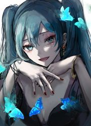 Rule 34 | 1girl, absurdres, black dress, blue butterfly, blue eyes, blue hair, bracelet, breasts, bug, butterfly, cleavage, commentary, dress, earrings, english commentary, eyeshadow, hands up, hatsune miku, highres, insect, jewelry, long hair, looking at viewer, makeup, medium breasts, nail polish, open mouth, pink eyeshadow, pipi, red nails, smile, solo, twintails, upper body, vocaloid