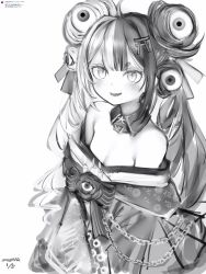 Rule 34 | 1girl, absurdres, chain, dated, detached collar, dress, extra eyes, fang, flat chest, greyscale, hair bun, hair ornament, highres, monochrome, nanashi (nlo), off-shoulder dress, off shoulder, open mouth, original, quad bun, short eyebrows, simple background, smile, solo, translation request, twintails, upper body, white background