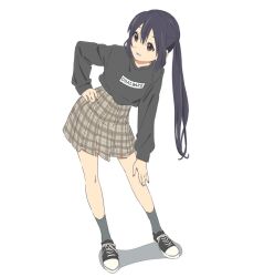 Rule 34 | 1girl, black hair, brown hair, full body, k-on!, looking to the side, nagasawa reiko (animator), nakano azusa, plaid, plaid skirt, shoes, simple background, skirt, smile, sneakers, solo, sweater, twintails, white background