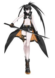 Rule 34 | 1girl, absurdres, asymmetrical hair, bare arms, bare legs, black bra, black footwear, black gloves, black hair, black rock shooter, black rock shooter: dawn fall, black rock shooter (character), black shorts, blue eyes, bra, breasts, cleavage, closed mouth, ctpt9r, flaming eye, floating hair, full body, gloves, hair between eyes, highres, holding, holding sword, holding weapon, long hair, long legs, looking at viewer, short shorts, shorts, simple background, small breasts, solo, standing, sword, thigh strap, twintails, underwear, very long hair, weapon, white background