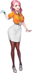 Rule 34 | 1girl, :3, belt, bracelet, brown pantyhose, bumcha, full body, gloves, gm orangeade, high-waist skirt, highres, id card, jewelry, lanyard, last origin, looking at viewer, nail polish, office lady, official art, one side up, open mouth, orange nails, orangeade (last origin), pantyhose, pencil skirt, pink eyes, pink hair, shoes, single glove, skirt, smile, sneakers, solo, tachi-e, transparent background, white gloves, white skirt, wide-eyed