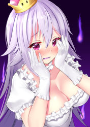 Rule 34 | 1girl, absurdres, blush, breasts, cleavage, colored eyelashes, covering face, crown, dark background, dress, embarrassed, fang, fire, frilled dress, frilled sleeves, frills, gloves, gradient background, hair between eyes, hands on own face, hands up, highres, large breasts, light purple hair, long hair, luigi&#039;s mansion, mario (series), nari (narikashi), neck garter, new super mario bros. u deluxe, nintendo, nose blush, open mouth, princess king boo, puffy short sleeves, puffy sleeves, purple fire, purple hair, short sleeves, sidelocks, solo, straight hair, super crown, upper body, very long hair, wavy hair, white dress, white gloves