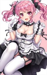 Rule 34 | 1girl, :d, alternate costume, bang dream!, black bow, black dress, black ribbon, blush, bow, breasts, cleavage, collarbone, detached collar, dress, dress bow, enmaided, feet out of frame, frilled dress, frills, garter straps, gloves, hair bow, hand up, heart, invisible chair, knee up, lambda (kusowarota), layered dress, looking at viewer, maid, maid headdress, maruyama aya, medium breasts, neck ribbon, open mouth, pink background, pink eyes, puffy short sleeves, puffy sleeves, ribbon, short hair, short sleeves, sidelocks, sitting, smile, solo, thighhighs, twintails, two-tone background, two-tone dress, w arms, white background, white dress, white gloves, white thighhighs