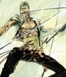 Rule 34 | 1boy, black pants, dual wielding, earrings, enies lobby, fighting stance, green hair, haramaki, holding, jewelry, looking at viewer, male focus, mouth hold, one piece, open clothes, open shirt, pants, roronoa zoro, scar, shirt, solo, sword, triple wielding, unzipped, weapon, zipper