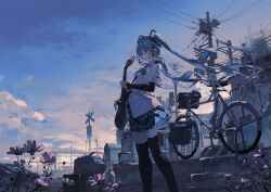 Rule 34 | 1girl, absurdres, acoustic guitar, aqua hair, arm warmers, bag, bicycle, black thighhighs, blue sky, building, chinese commentary, cloud, commentary request, feet out of frame, flower, gradient sky, grey sky, guitar, hatsune miku, headset, highres, holding, holding instrument, instrument, long hair, mechari, meteor shower, miniskirt, outdoors, parted lips, pink flower, railroad signal, scenery, shirt, short sleeves, skirt, sky, solo, star (sky), starry sky, thighhighs, twintails, utility pole, very long hair, vocaloid, white shirt, zettai ryouiki