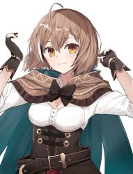 Rule 34 | 1girl, absurdres, ahoge, alternate hair length, alternate hairstyle, arms up, belt, belt buckle, black bow, black bowtie, black gloves, black hair, blush, bow, bowtie, braid, breasts, buckle, cape, cleavage, closed mouth, corset, gloves, green cape, highres, hololive, hololive english, long sleeves, looking at viewer, medium breasts, multicolored hair, nanashi mumei, orange eyes, partially fingerless gloves, short sleeves, shuuzo3, smile, solo, streaked hair, upper body, virtual youtuber, white hair