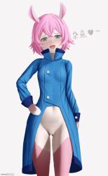 Rule 34 | 1girl, absurdres, animal ears, blue coat, blue eyes, blush, body fur, breasts, coat, cowboy shot, female focus, furry, furry female, genshin impact, heart, highres, long sleeves, looking at viewer, melusine (genshin impact), navel, open mouth, pink hair, short hair, simple background, small breasts, smile, solo, standing, translation request, z282g