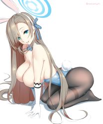 Rule 34 | 1girl, absurdres, animal ears, asuna (blue archive), asuna (bunny) (blue archive), asymmetrical bangs, blonde hair, blue archive, blue eyes, bow, bowtie, breasts, cleavage, commentary request, detached collar, elbow gloves, fake animal ears, gloves, hair bow, hair over one eye, hairband, halo, highres, huge breasts, kneeling, leotard, long hair, looking at viewer, mattari yufi, mole, mole on breast, pantyhose, playboy bunny, rabbit ears, rabbit tail, smile, solo, tail, thighs, traditional bowtie, white background