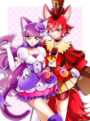 Rule 34 | 10s, 2girls, animal ears, bike shorts, bow, brown cape, brown hat, brown neckwear, cape, cat ears, cat tail, choker, closed mouth, cowboy shot, cure chocolat, cure macaron, dated, dog ears, dog tail, earrings, elbow gloves, extra ears, food-themed hair ornament, gloves, hair ornament, hand on own hip, hat, heart, heart background, jewelry, juliet sleeves, kenjou akira, kirakira precure a la mode, kotozume yukari, layered skirt, long hair, long sleeves, looking at viewer, macaron hair ornament, magical girl, multiple girls, n ko, pink background, precure, puffy sleeves, purple bow, purple eyes, purple hair, purple neckwear, purple skirt, red bow, red eyes, red hair, red shorts, ribbon choker, short hair, shorts, shorts under skirt, skirt, smile, tail, thighhighs, top hat, white gloves, white legwear, yellow skirt