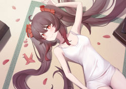 Rule 34 | 1girl, absurdres, arm up, blush, breasts, brown hair, casual, flower, genshin impact, highres, hu tao (genshin impact), lingwuye, long hair, looking at viewer, lying, on back, on floor, origami, paper crane, petals, plum blossoms, red eyes, small breasts, smile, solo, twintails, very long hair