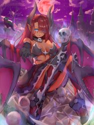 Rule 34 | 1girl, architecture, bad id, bad pixiv id, bat wings, bird, blue eyes, breasts, crow, demon girl, gothic architecture, highres, horns, large breasts, nose (oekaki1825), original, pointy ears, red hair, sitting, skull, thighs, vampire, wings